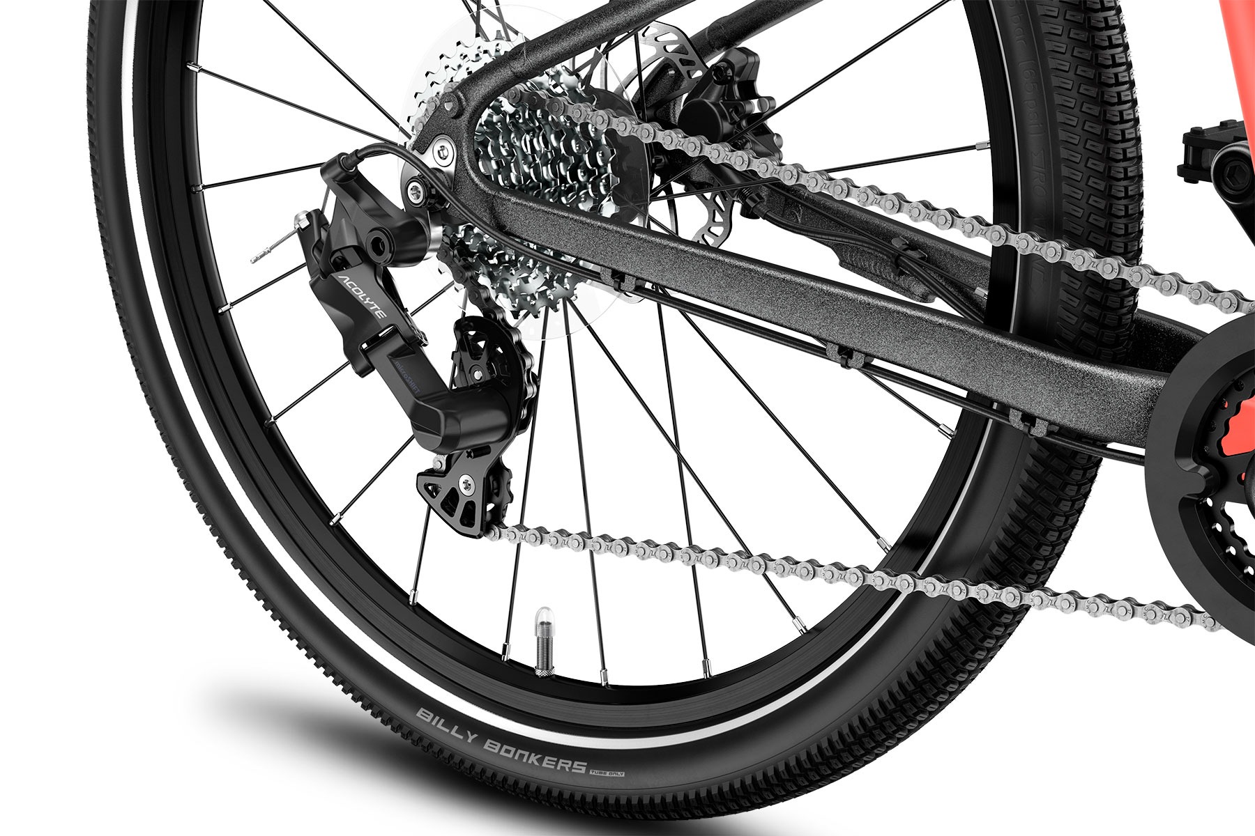 Brotorvets Cykler_Næstved_Sydsjælland_woom_EXPLORE-56_Derailleur-View_neon-coral_Detail_2024.jpg